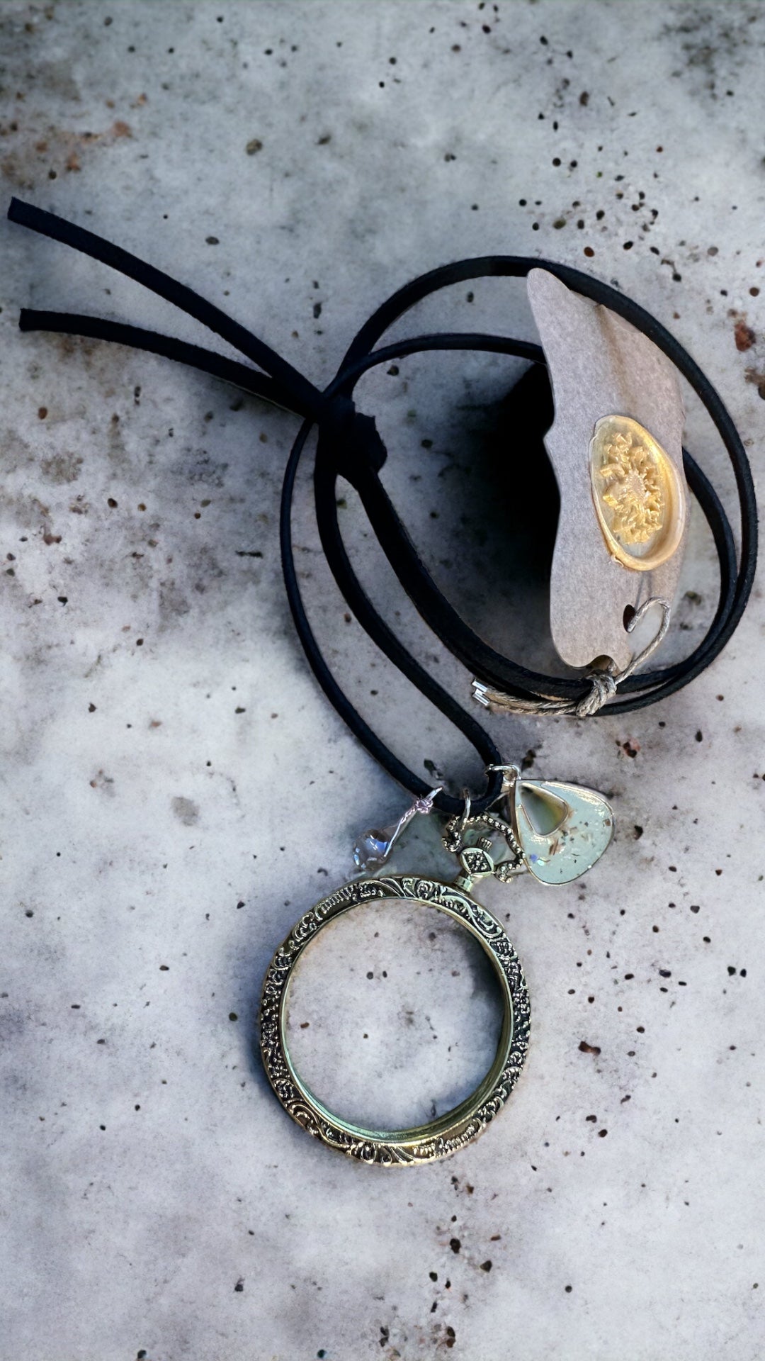 Necklace with Magnifying Glass for reading- Hand made for a sophisticated Halloween!